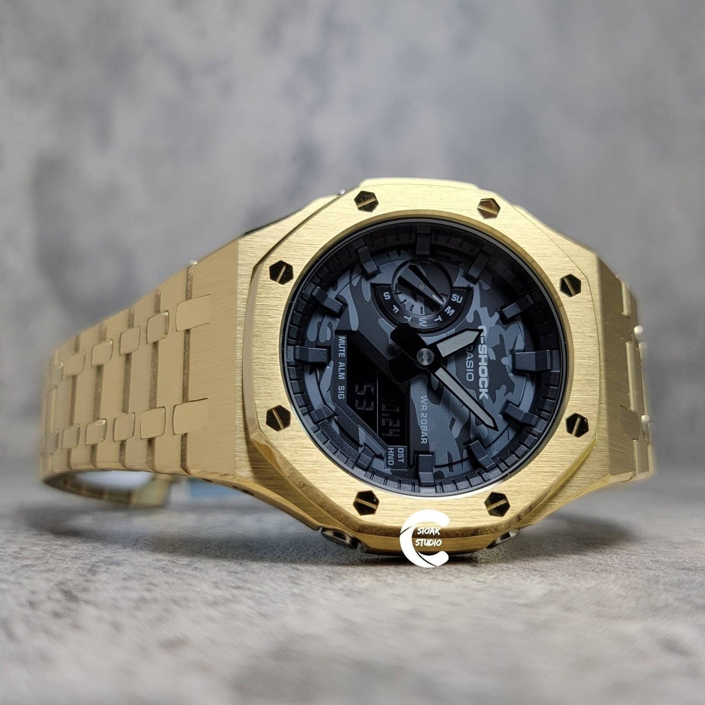 Casioak Mod Watch Gold Case Metal Strap Black Time Mark Camouflage Dial 44mm- Casioak Mod Casio G-Shock Royal Oak Custom Mens Luxury Watches Ga2100