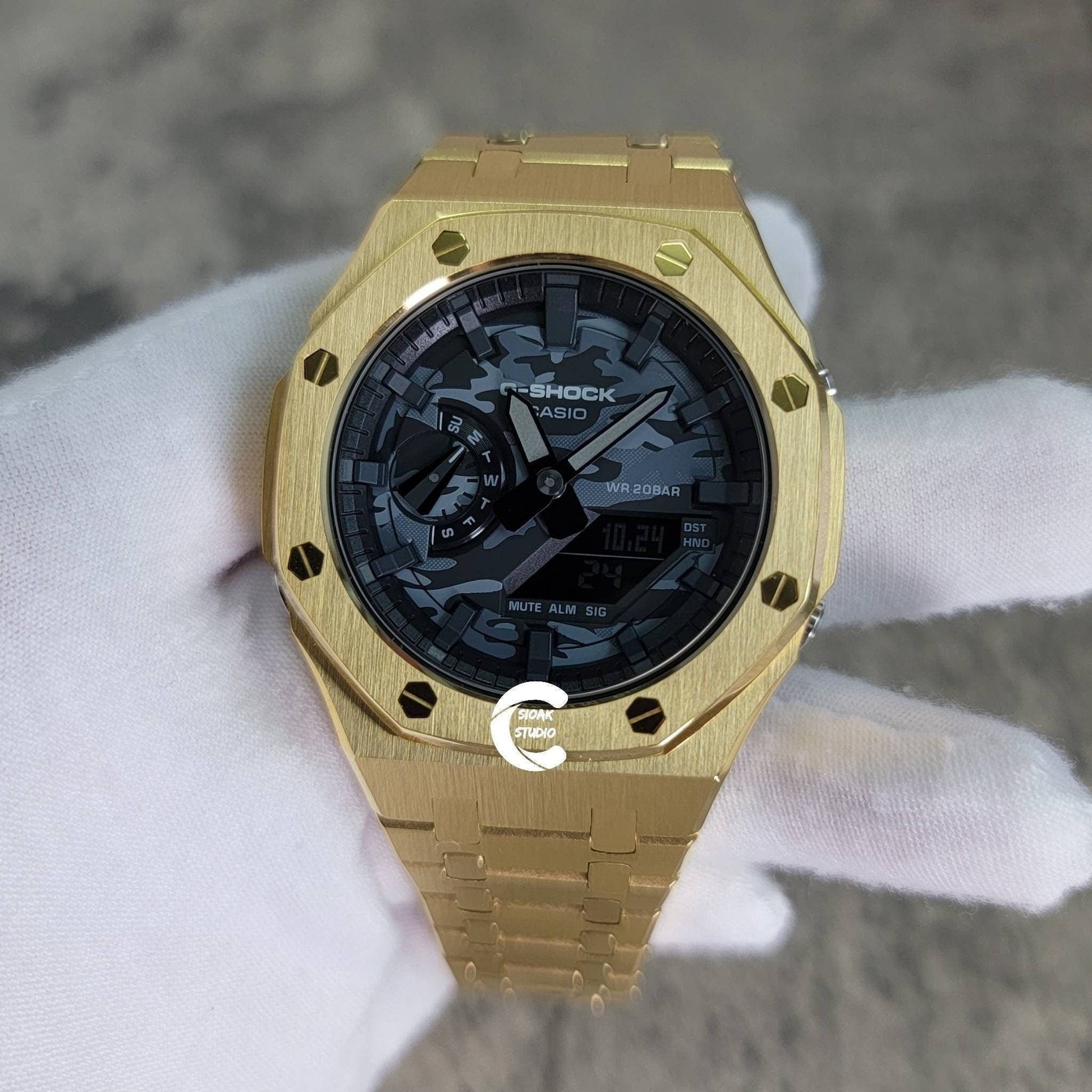 Casioak Mod Watch Gold Case Metal Strap Black Time Mark Camouflage Dial 44mm- Casioak Mod Casio G-Shock Royal Oak Custom Mens Luxury Watches Ga2100