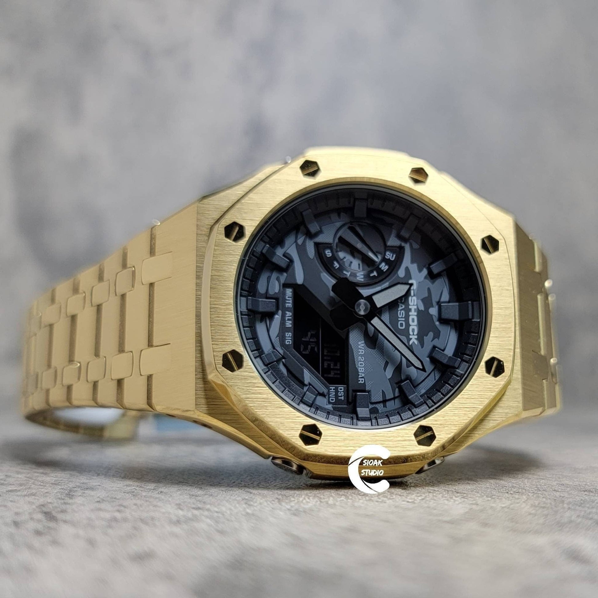 Casioak Mod Watch Gold Case Metal Strap Black Time Mark Camouflage Dial 44mm- Casioak Mod Casio G-Shock Royal Oak Custom Mens Luxury Watches Ga2100