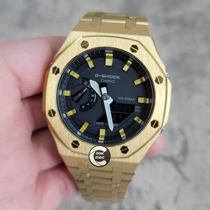 Casioak Mod Watch Gold Case Metal Strap Black Vertical Stripes Gold Time Mark Black Dial 44mm- Casioak Mod Casio G-Shock Royal Oak Custom Mens Luxury Watches Ga2100