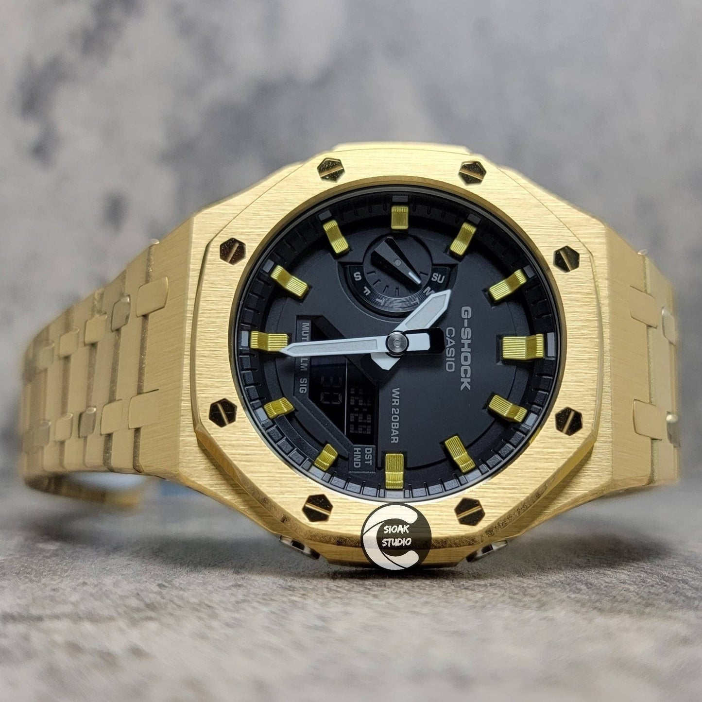 Casioak Mod Watch Gold Case Metal Strap Black Vertical Stripes Gold Time Mark Black Dial 44mm- Casioak Mod Casio G-Shock Royal Oak Custom Mens Luxury Watches Ga2100