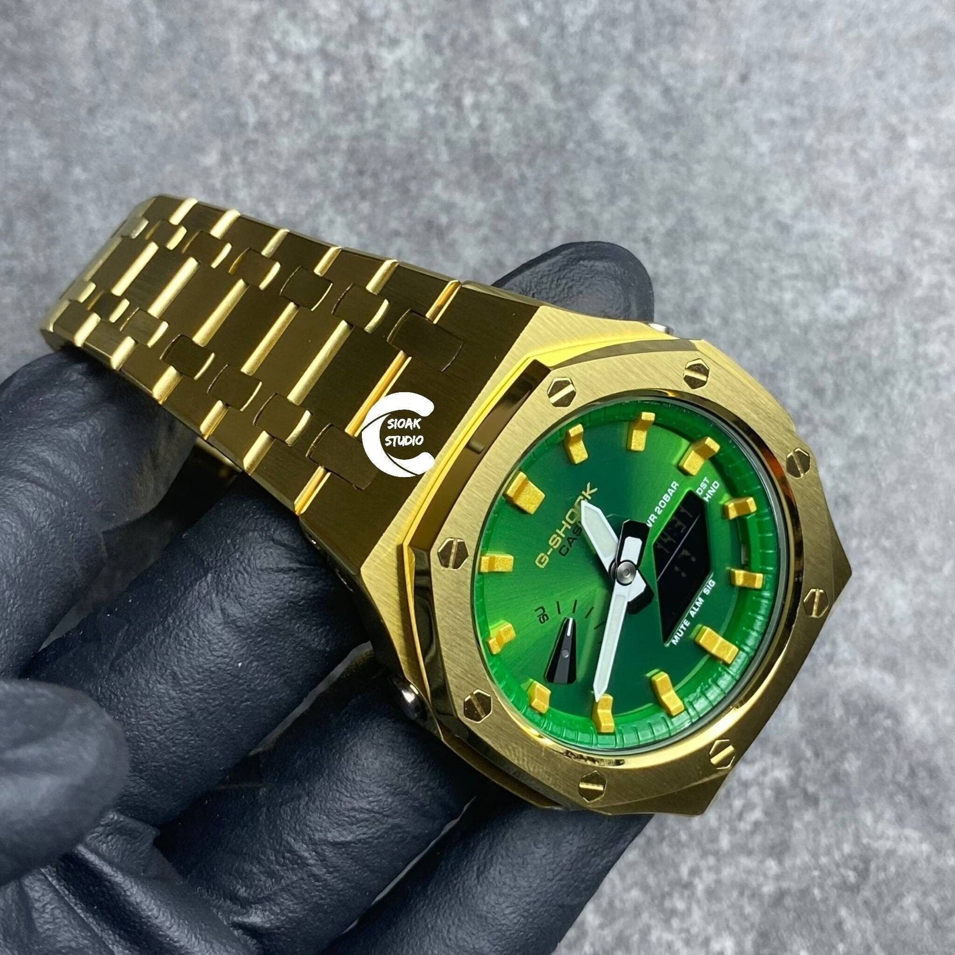 Casioak Mod Watch Gold Case Metal Strap Green Gold Time Mark Green Dial 44mm- Casioak Mod Casio G-Shock Royal Oak Custom Mens Luxury Watches Ga2100