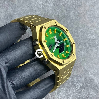 Casioak Mod Watch Gold Case Metal Strap Green Gold Time Mark Green Dial 44mm- Casioak Mod Casio G-Shock Royal Oak Custom Mens Luxury Watches Ga2100