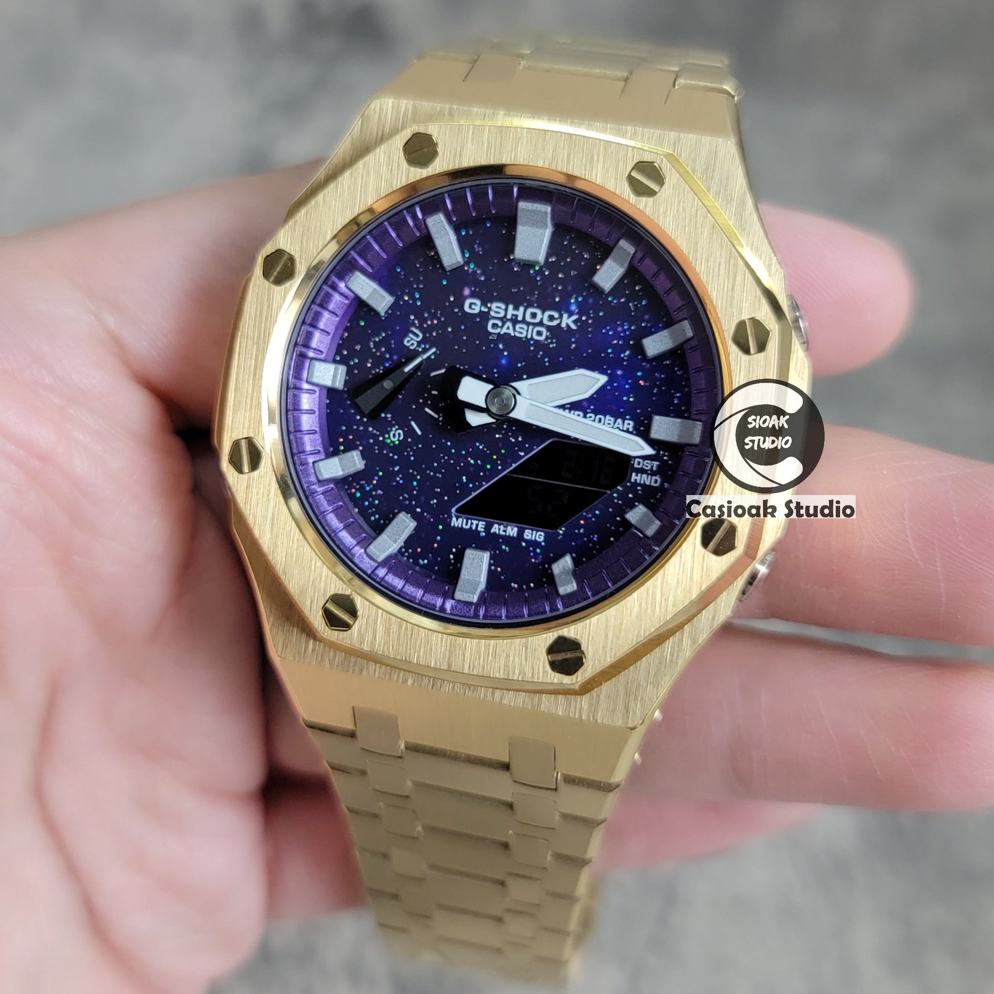 Casioak Mod Watch Gold Case Metal Strap Purple Silver Time Mark Purple Dial 44mm- Casioak Mod Casio G-Shock Royal Oak Custom Mens Luxury Watches Ga2100