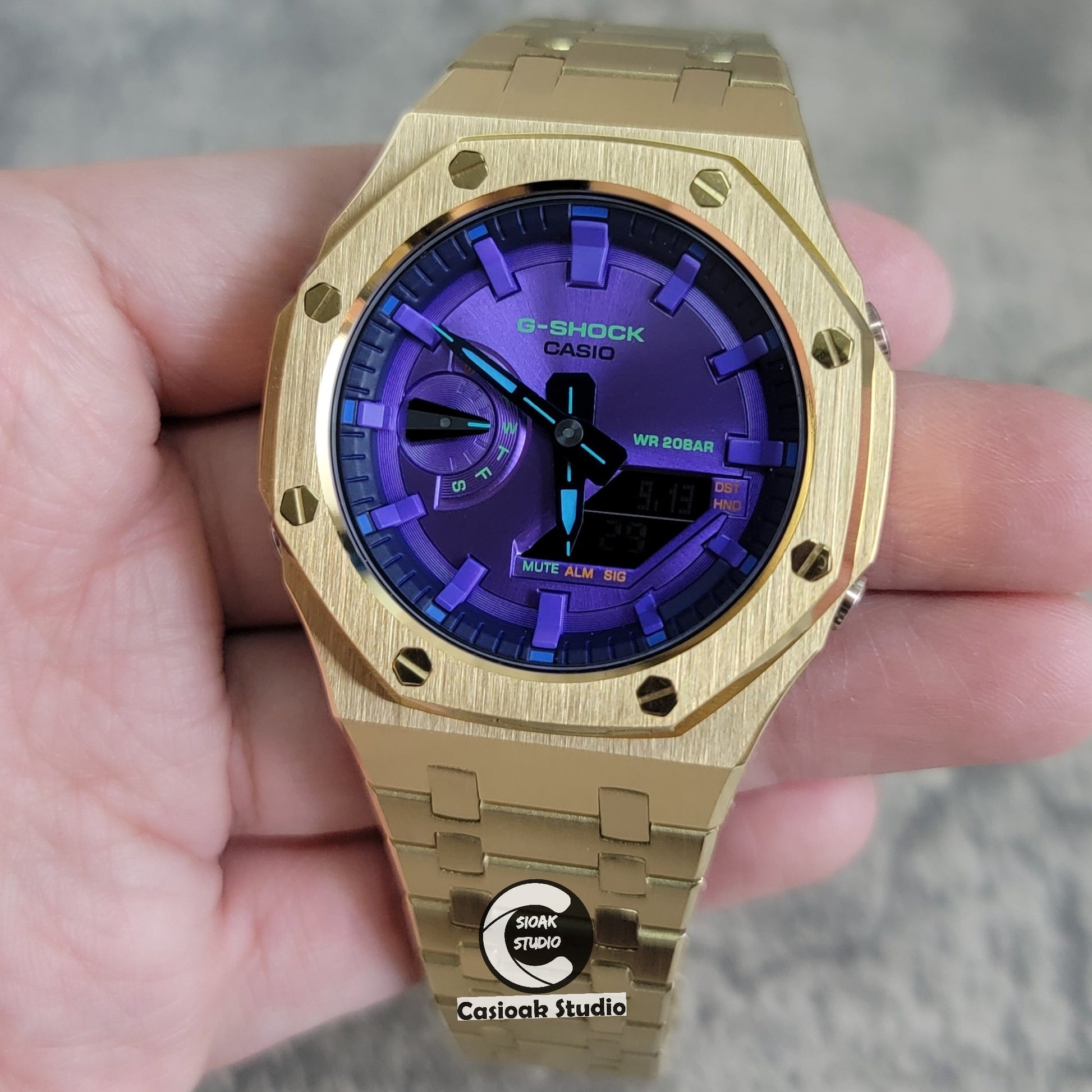 Casioak Mod Watch Gold Case Metal Strap Purple Time Mark Purple Dial 44mm- Casioak Mod Casio G-Shock Royal Oak Custom Mens Luxury Watches Ga2100