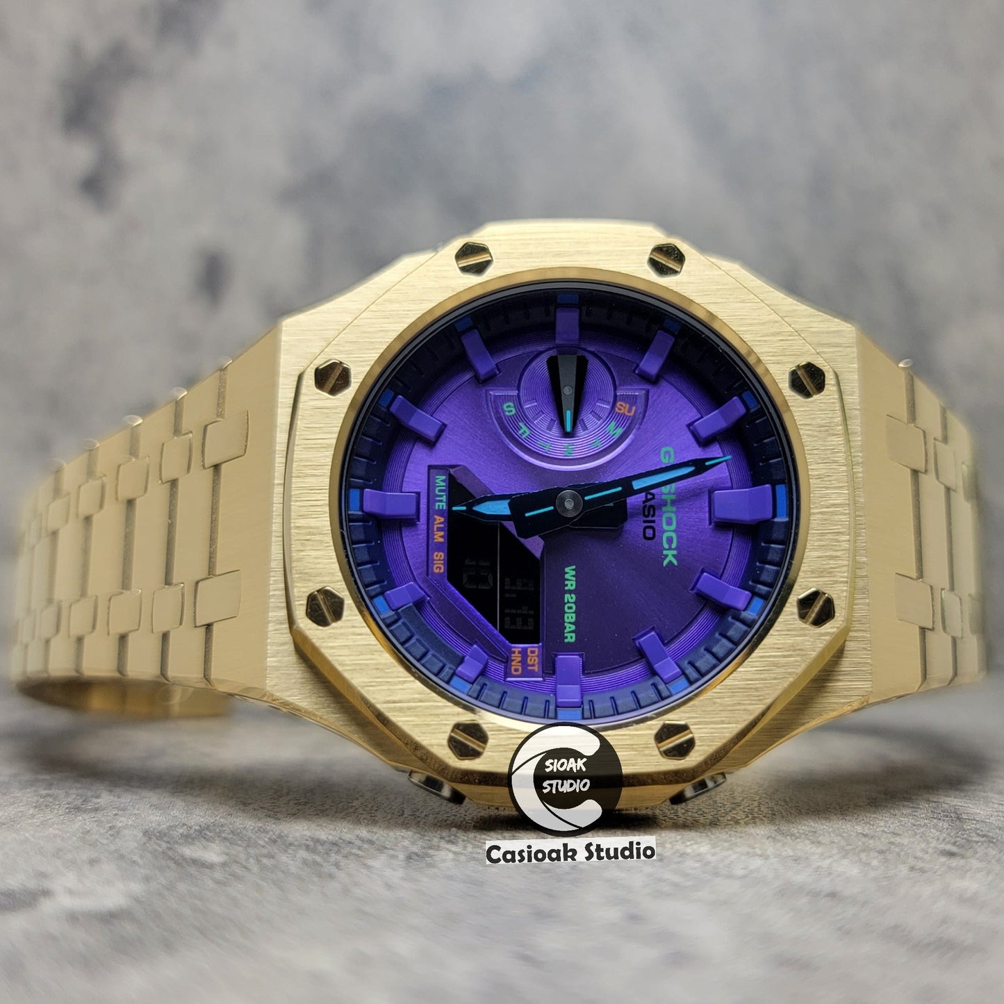 Casioak Mod Watch Gold Case Metal Strap Purple Time Mark Purple Dial 44mm- Casioak Mod Casio G-Shock Royal Oak Custom Mens Luxury Watches Ga2100