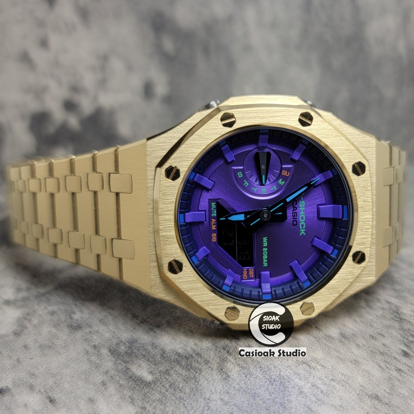 Casioak Mod Watch Gold Case Metal Strap Purple Time Mark Purple Dial 44mm- Casioak Mod Casio G-Shock Royal Oak Custom Mens Luxury Watches Ga2100