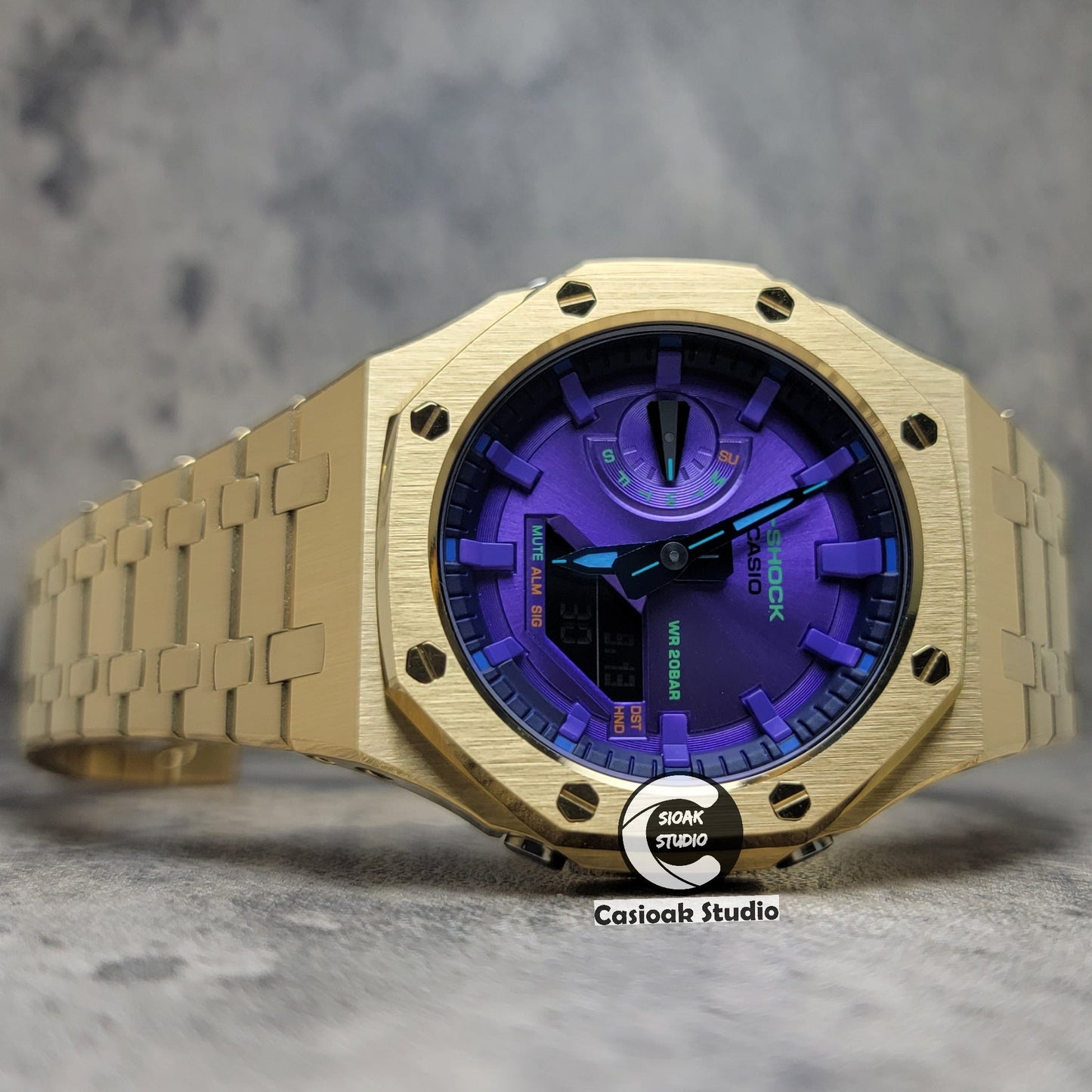 Casioak Mod Watch Gold Case Metal Strap Purple Time Mark Purple Dial 44mm- Casioak Mod Casio G-Shock Royal Oak Custom Mens Luxury Watches Ga2100