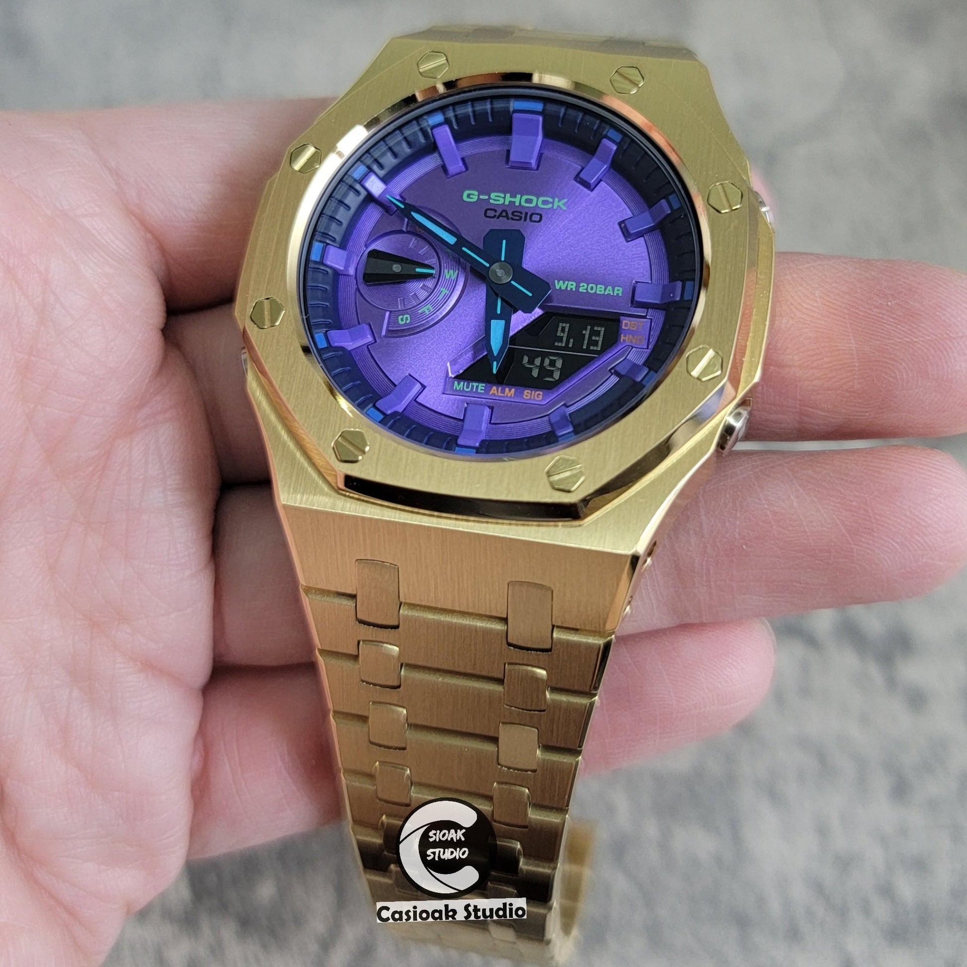 Casioak Mod Watch Gold Case Metal Strap Purple Time Mark Purple Dial 44mm- Casioak Mod Casio G-Shock Royal Oak Custom Mens Luxury Watches Ga2100