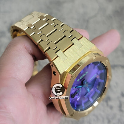 Casioak Mod Watch Gold Case Metal Strap Purple Time Mark Purple Dial 44mm- Casioak Mod Casio G-Shock Royal Oak Custom Mens Luxury Watches Ga2100