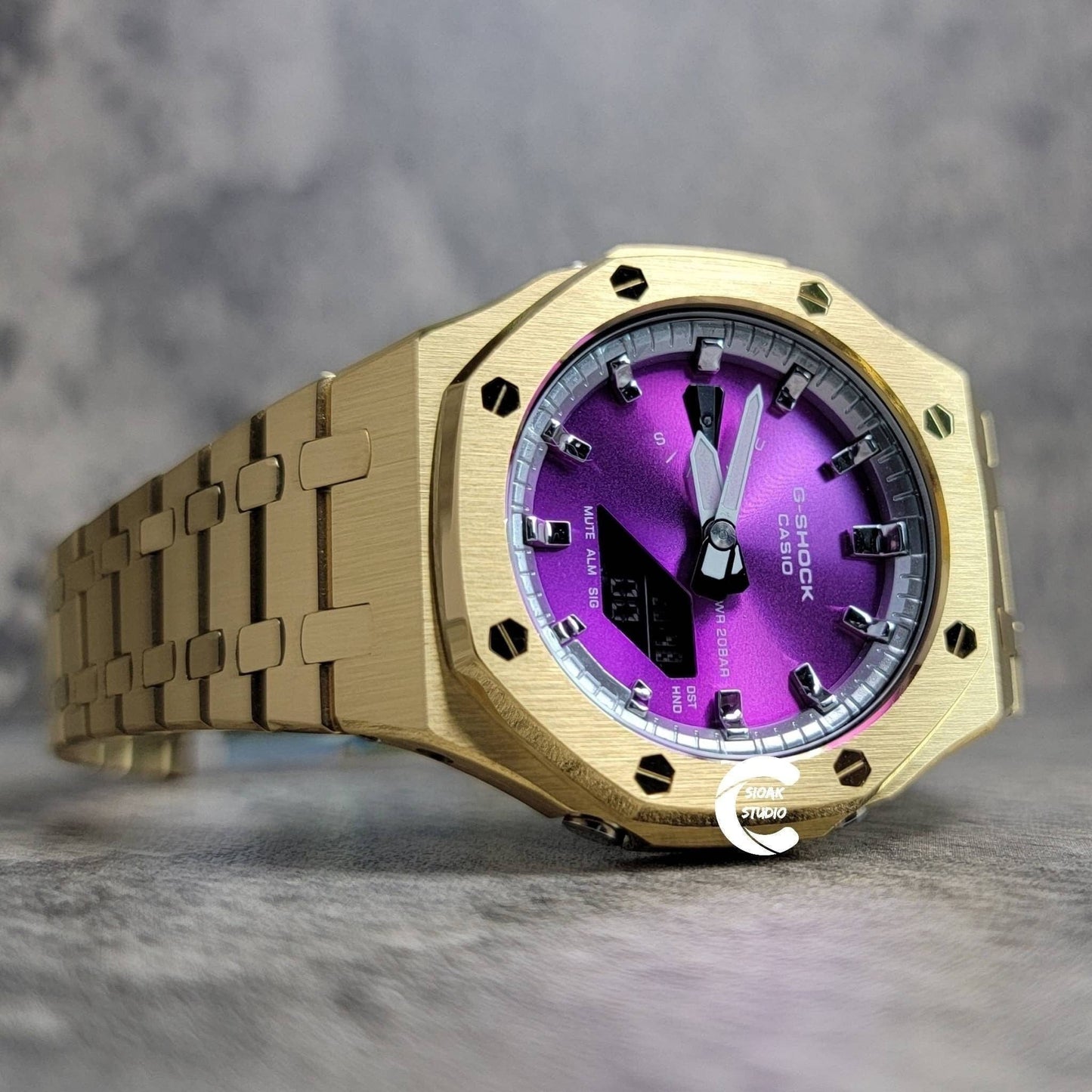 Casioak Mod Watch Gold Case Metal Strap Silver Time Mark Purple Dial 44mm- Casioak Mod Casio G-Shock Royal Oak Custom Mens Luxury Watches Ga2100