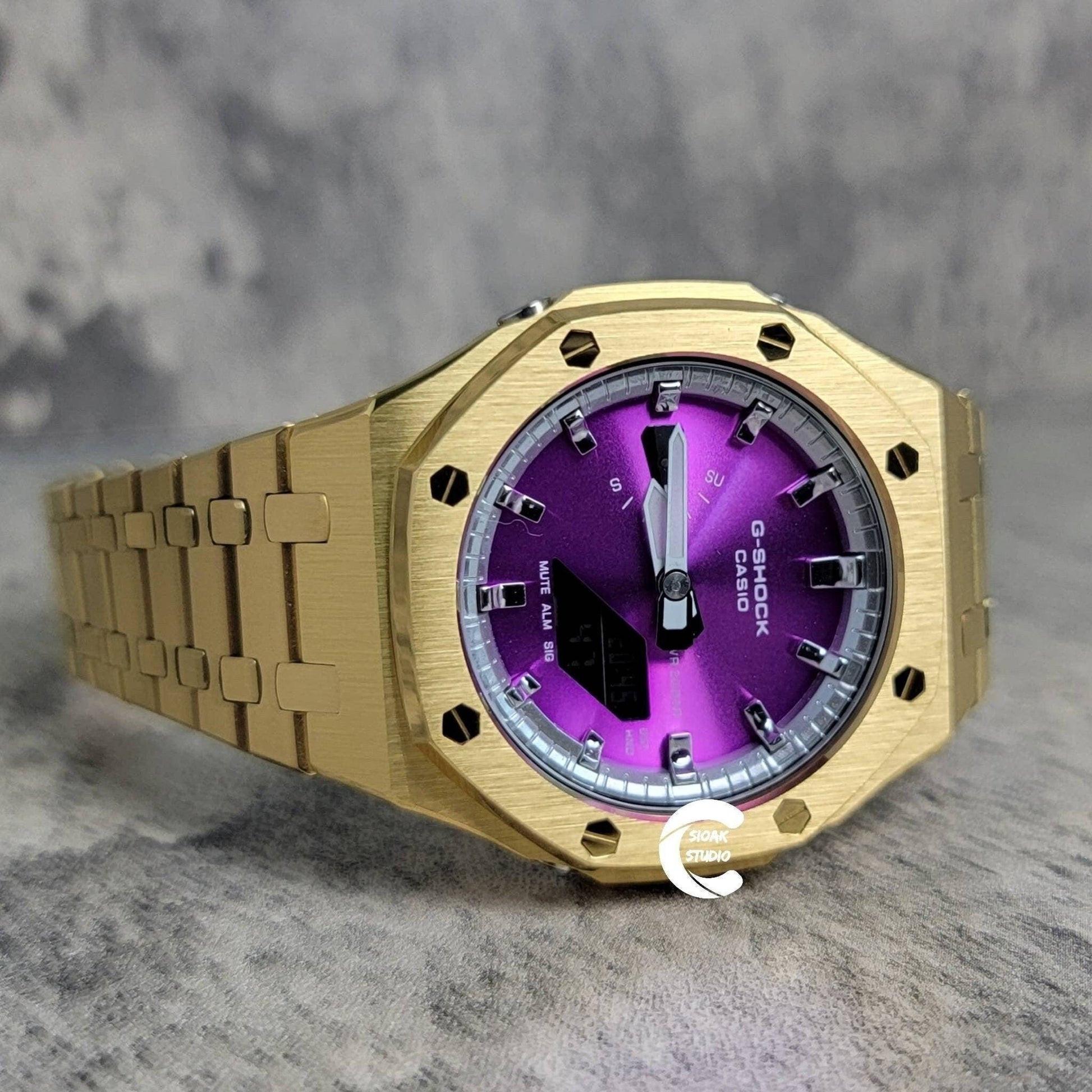 Casioak Mod Watch Gold Case Metal Strap Silver Time Mark Purple Dial 44mm- Casioak Mod Casio G-Shock Royal Oak Custom Mens Luxury Watches Ga2100