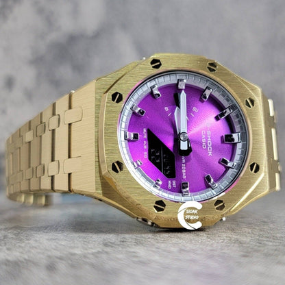 Casioak Mod Watch Gold Case Metal Strap Silver Time Mark Purple Dial 44mm- Casioak Mod Casio G-Shock Royal Oak Custom Mens Luxury Watches Ga2100