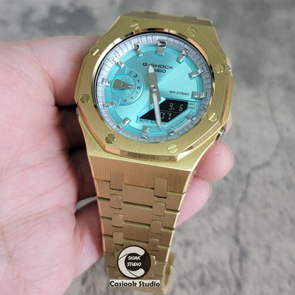 Casioak Mod Watch Gold Case Metal Strap Silver Time Mark Tiff Blue Dial 44mm- Casioak Mod Casio G-Shock Royal Oak Custom Mens Luxury Watches Ga2100