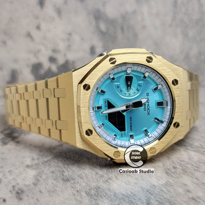 Casioak Mod Watch Gold Case Metal Strap Silver Time Mark Tiff Blue Dial 44mm- Casioak Mod Casio G-Shock Royal Oak Custom Mens Luxury Watches Ga2100