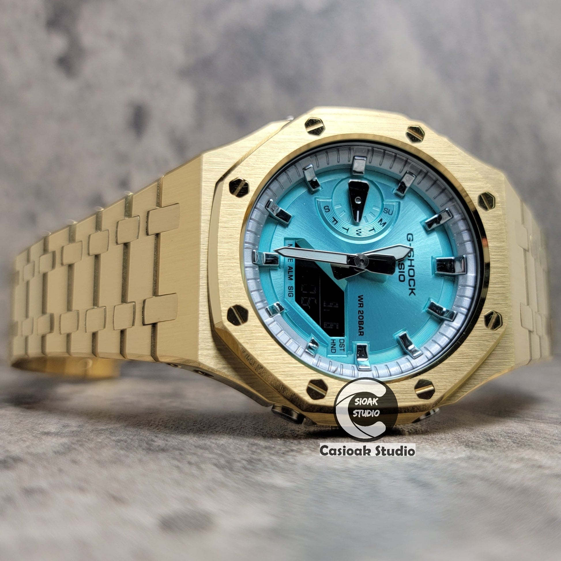 Casioak Mod Watch Gold Case Metal Strap Silver Time Mark Tiff Blue Dial 44mm- Casioak Mod Casio G-Shock Royal Oak Custom Mens Luxury Watches Ga2100