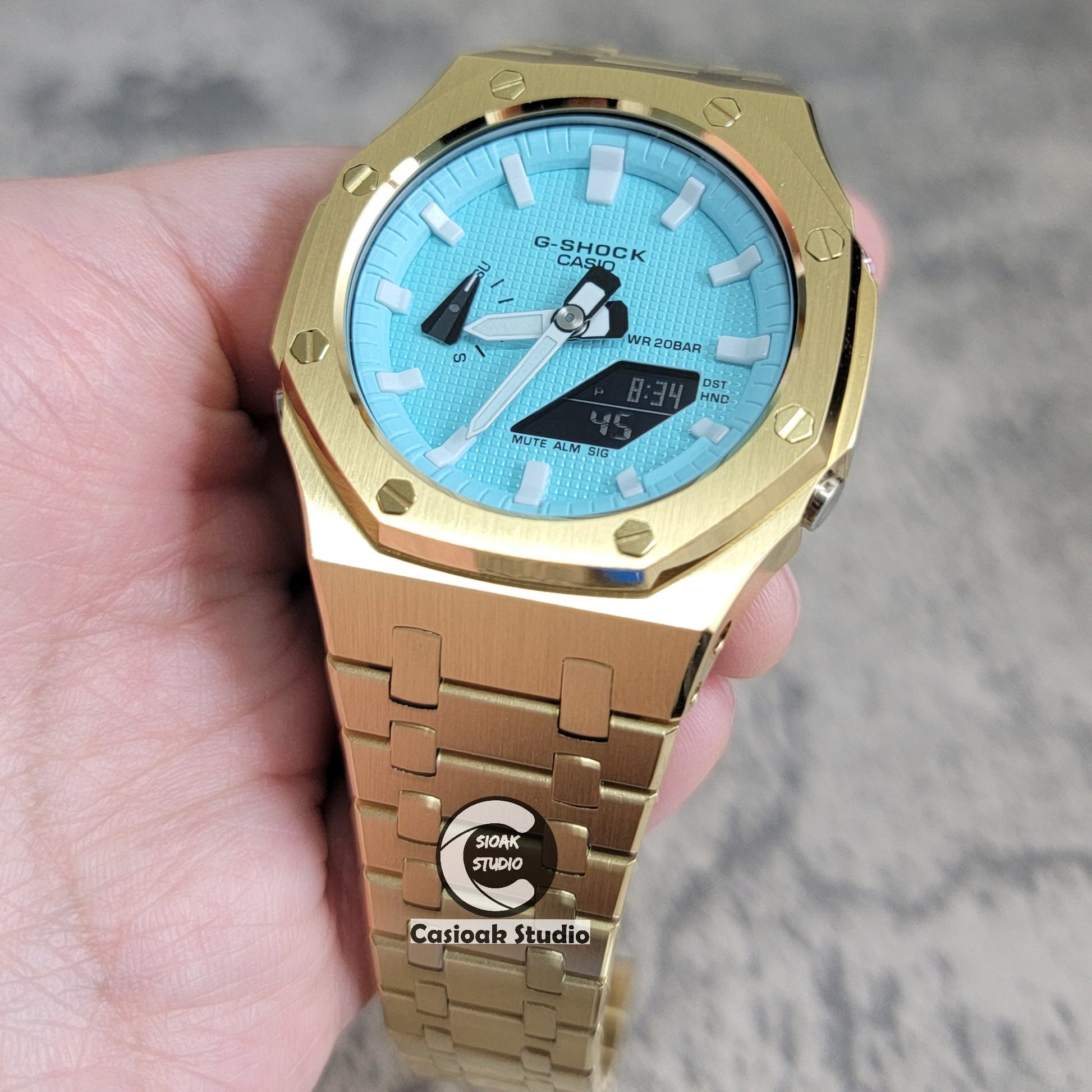 Casioak Mod Watch Gold Case Metal Strap Tiff Gold Time Mark Tiff Blue Dial 44mm- Casioak Mod Casio G-Shock Royal Oak Custom Mens Luxury Watches Ga2100