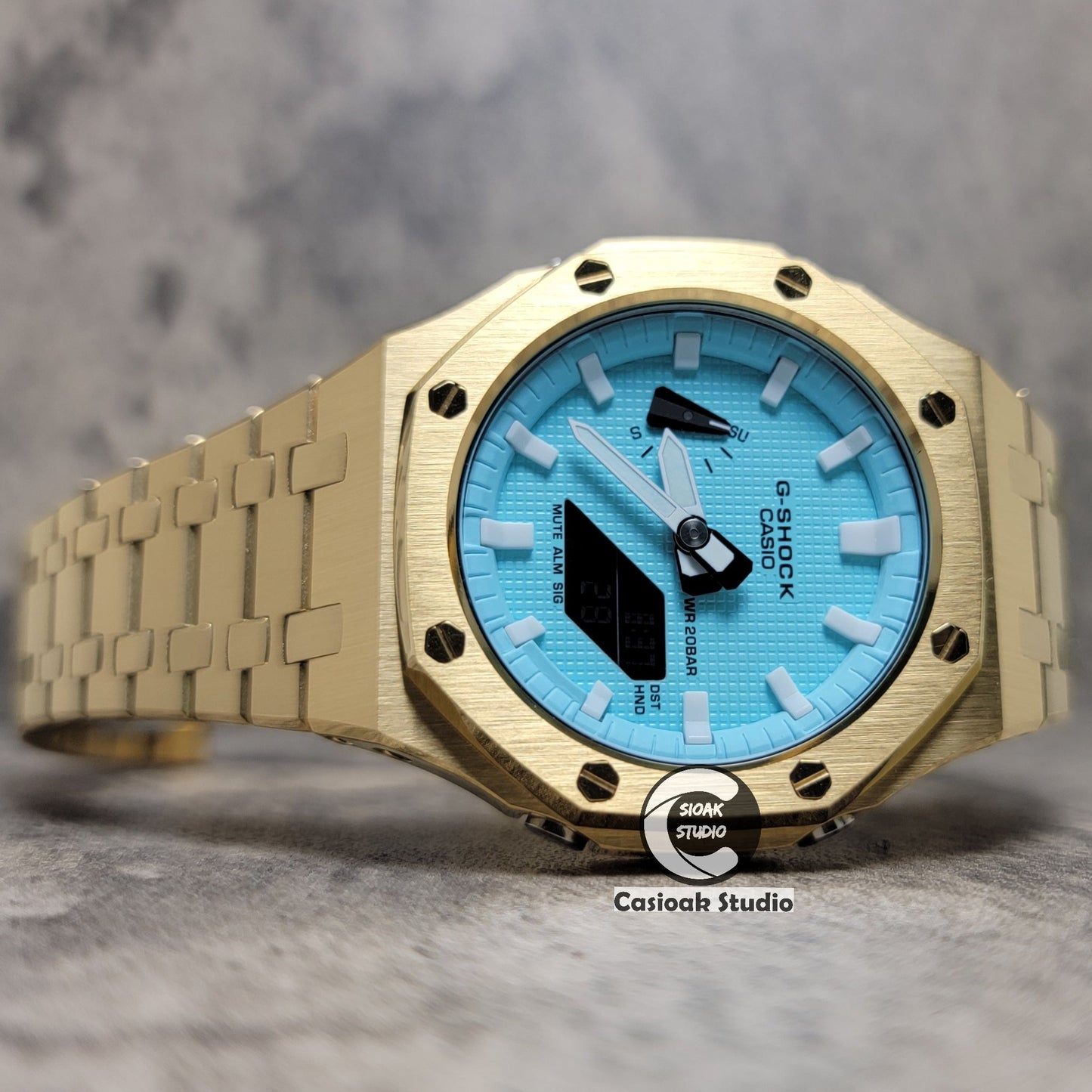 Casioak Mod Watch Gold Case Metal Strap Tiff Gold Time Mark Tiff Blue Dial 44mm- Casioak Mod Casio G-Shock Royal Oak Custom Mens Luxury Watches Ga2100