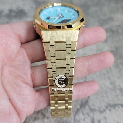 Casioak Mod Watch Gold Case Metal Strap Tiff Gold Time Mark Tiff Blue Dial 44mm- Casioak Mod Casio G-Shock Royal Oak Custom Mens Luxury Watches Ga2100