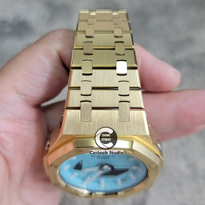 Casioak Mod Watch Gold Case Metal Strap Tiff Gold Time Mark Tiff Blue Dial 44mm- Casioak Mod Casio G-Shock Royal Oak Custom Mens Luxury Watches Ga2100