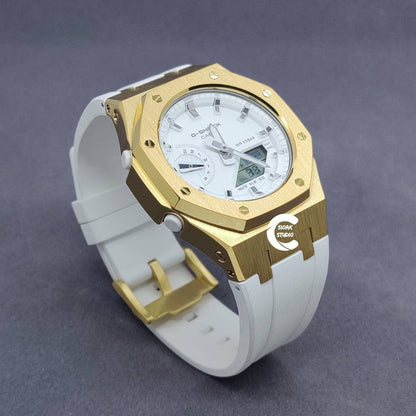 Casioak Mod Watch Gold Case White Rubber Strap White Silver Time Mark White Dial 42mm- Casioak Mod Casio G-Shock Royal Oak Custom Mens Luxury Watches Ga2100