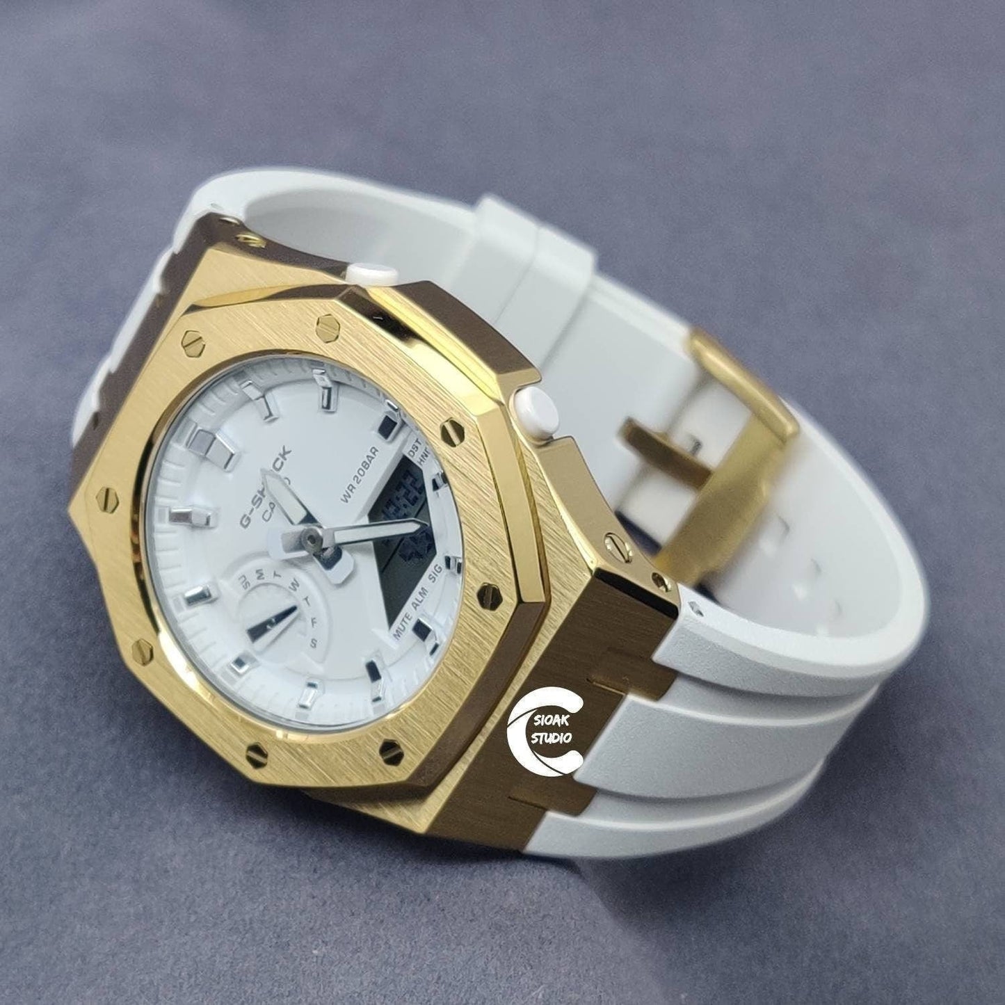 Casioak Mod Watch Gold Case White Rubber Strap White Silver Time Mark White Dial 42mm- Casioak Mod Casio G-Shock Royal Oak Custom Mens Luxury Watches Ga2100