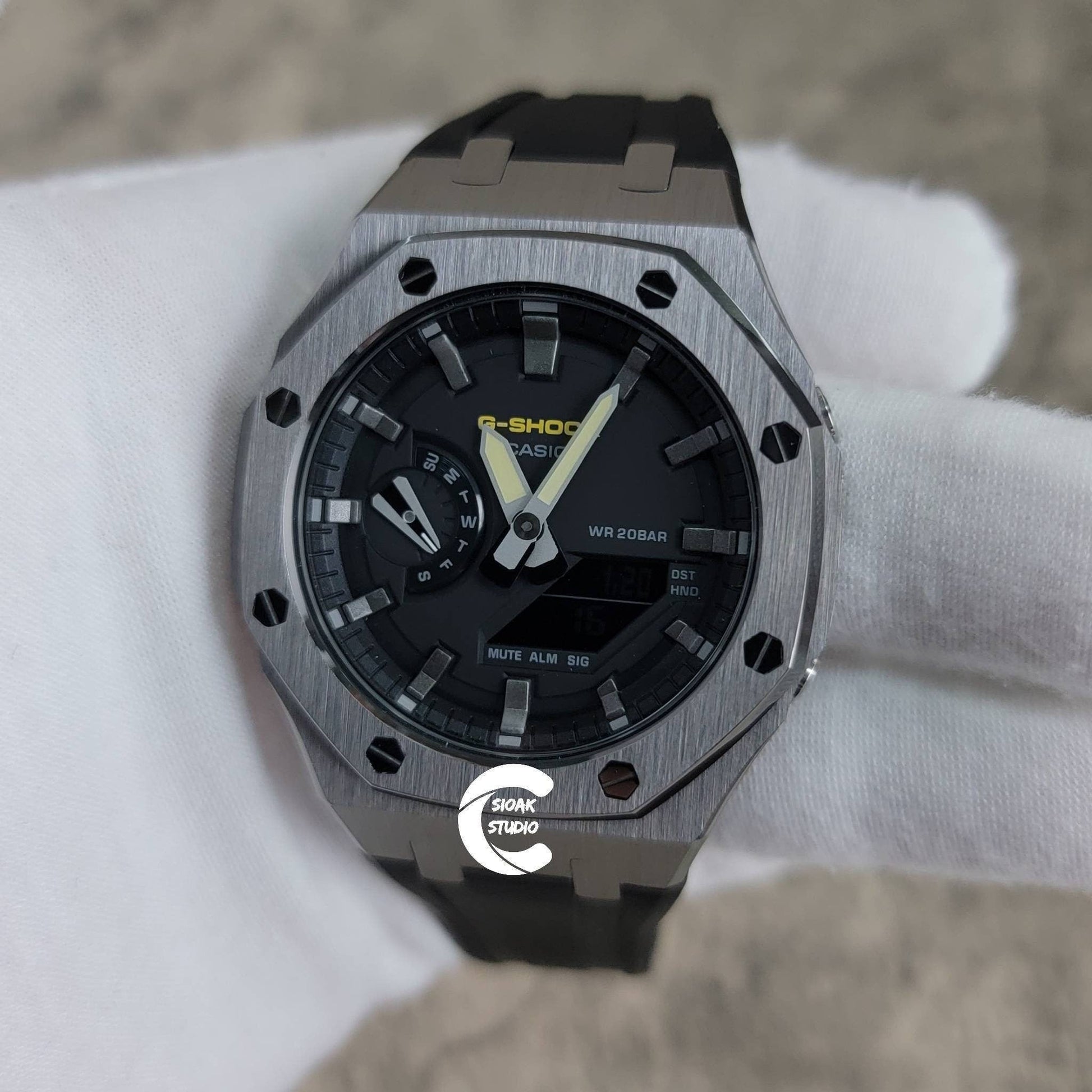 Casioak Mod Watch Gray Case Black Rubber Strap Black Gray Time Mark Black Dial 44mm- Casioak Mod Casio G-Shock Royal Oak Custom Mens Luxury Watches Ga2100