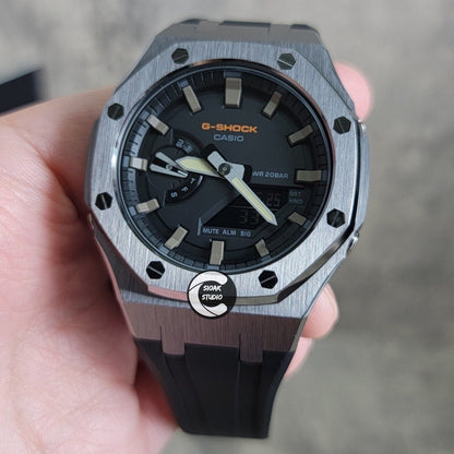 Casioak Mod Watch Gray Case Black Rubber Strap Black Gray Time Mark Black Dial 44mm- Casioak Mod Casio G-Shock Royal Oak Custom Mens Luxury Watches Ga2100