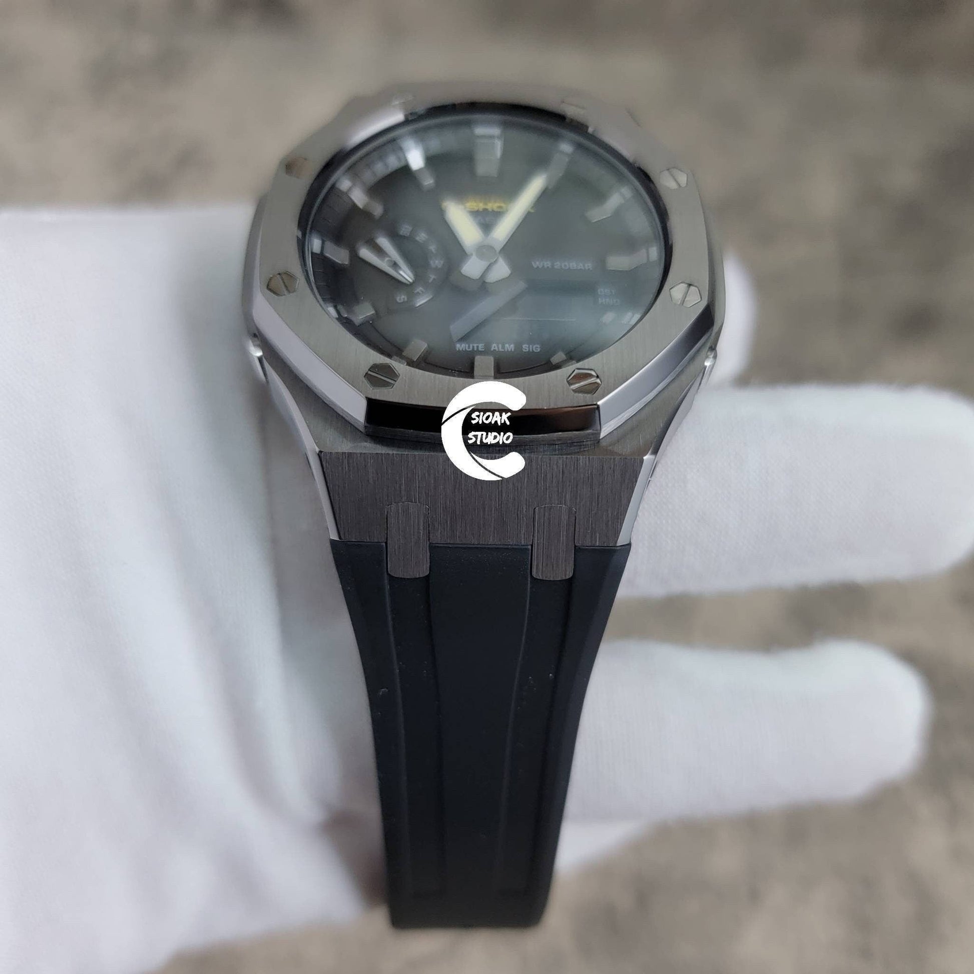 Casioak Mod Watch Gray Case Black Rubber Strap Black Gray Time Mark Black Dial 44mm- Casioak Mod Casio G-Shock Royal Oak Custom Mens Luxury Watches Ga2100