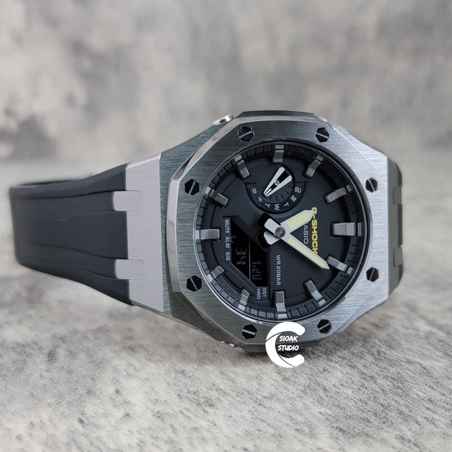 Casioak Mod Watch Gray Case Black Rubber Strap Black Gray Time Mark Black Dial 44mm- Casioak Mod Casio G-Shock Royal Oak Custom Mens Luxury Watches Ga2100