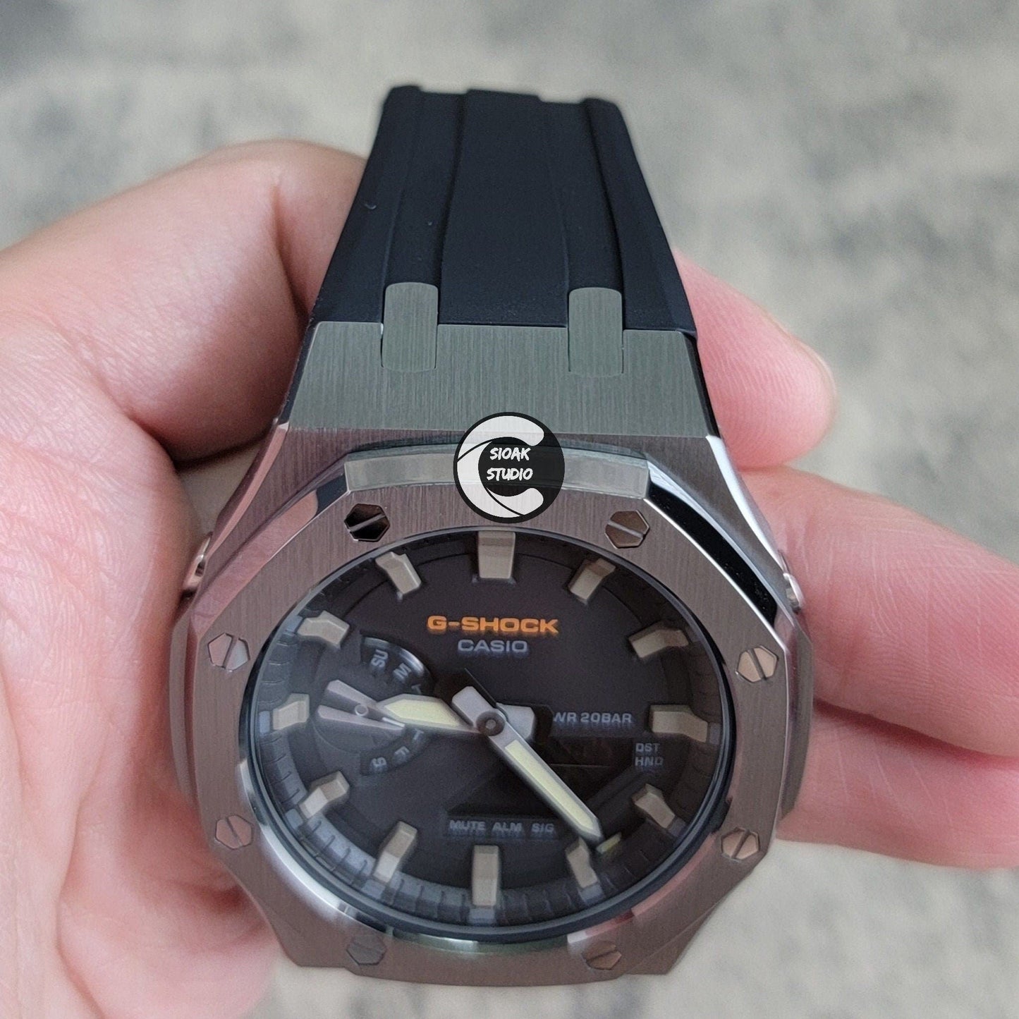 Casioak Mod Watch Gray Case Black Rubber Strap Black Gray Time Mark Black Dial 44mm- Casioak Mod Casio G-Shock Royal Oak Custom Mens Luxury Watches Ga2100