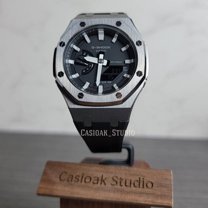 Casioak Mod Watch Gray Case Black Rubber Strap Black Light Gray Time Mark Black Dial 44mm- Casioak Mod Casio G-Shock Royal Oak Custom Mens Luxury Watches Ga2100