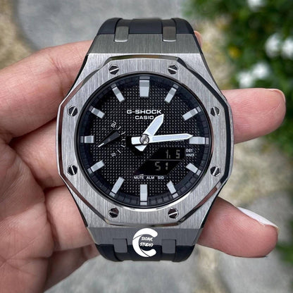 Casioak Mod Watch Gray Case Black Rubber Strap Black Light Gray Time Mark Black Dial 44mm- Casioak Mod Casio G-Shock Royal Oak Custom Mens Luxury Watches Ga2100