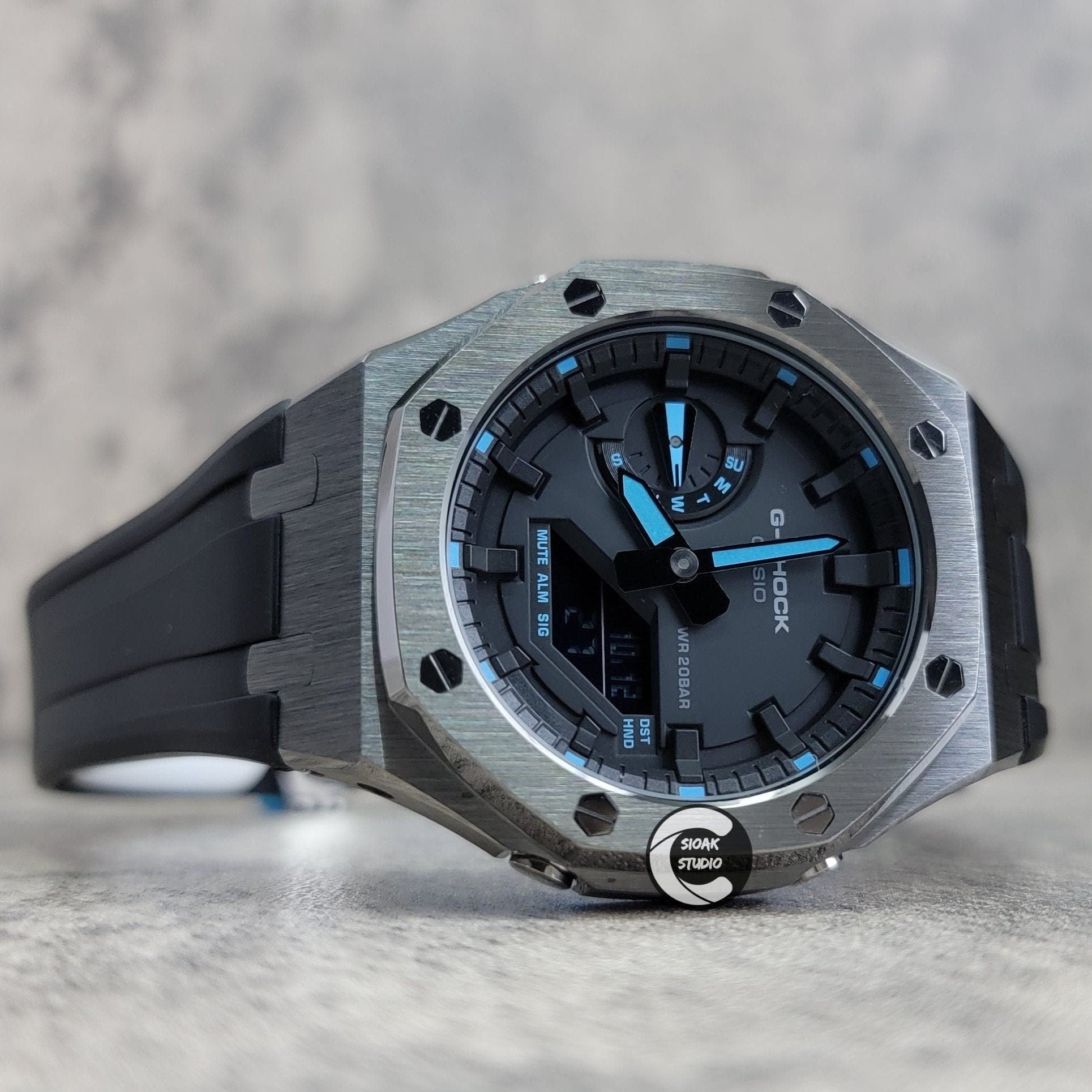 Casioak Mod Watch Gray Case Black Rubber Strap Black Time Mark Black Dial 44mm Blue- Casioak Mod Casio G-Shock Royal Oak Custom Mens Luxury Watches Ga2100