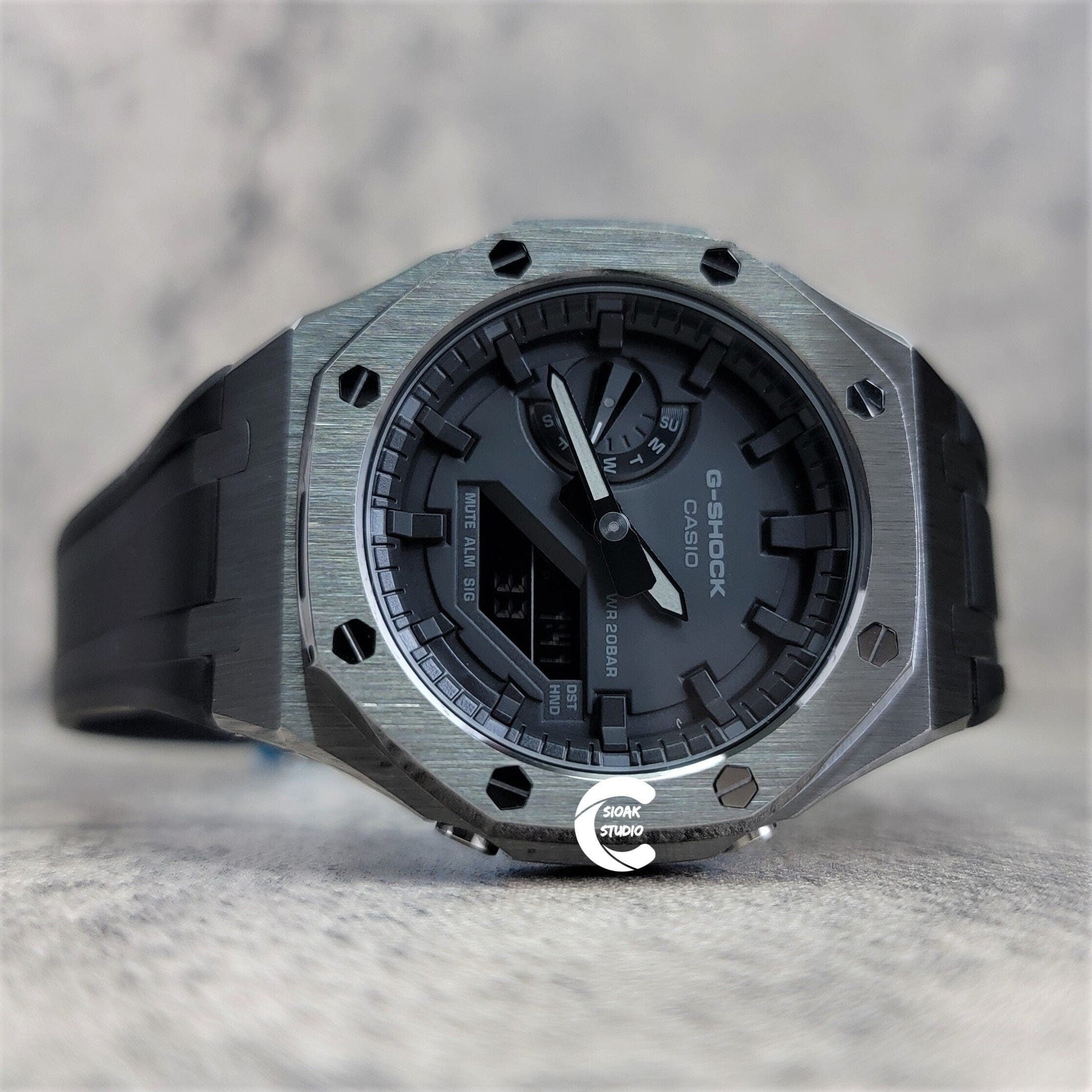 Casioak Mod Watch Gray Case Black Rubber Strap Black Time Mark Black Dial 44mm- Casioak Mod Casio G-Shock Royal Oak Custom Mens Luxury Watches Ga2100