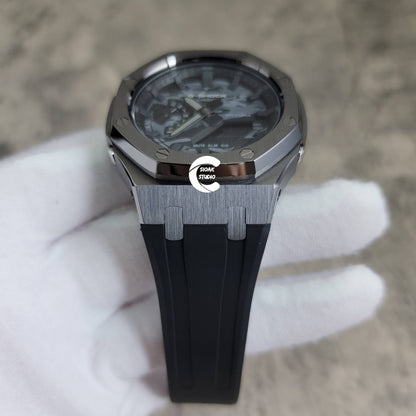 Casioak Mod Watch Gray Case Black Rubber Strap Black Time Mark Camouflage Dial 44mm- Casioak Mod Casio G-Shock Royal Oak Custom Mens Luxury Watches Ga2100