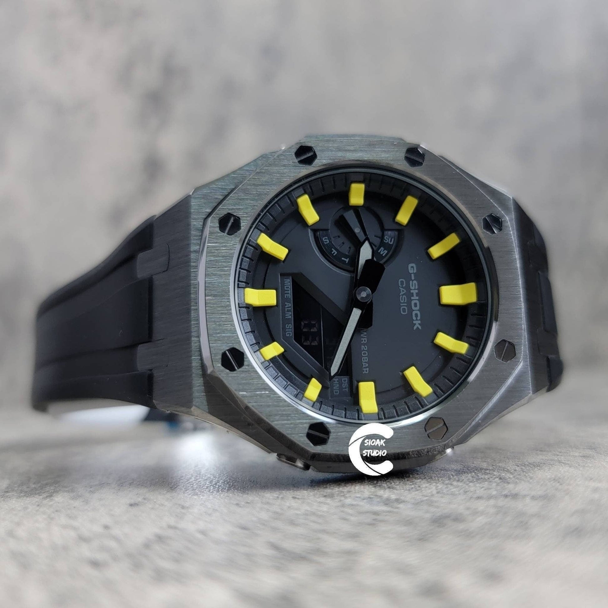 Casioak Mod Watch Gray Case Black Rubber Strap Black Yellow Time Mark Black Dial 44mm- Casioak Mod Casio G-Shock Royal Oak Custom Mens Luxury Watches Ga2100