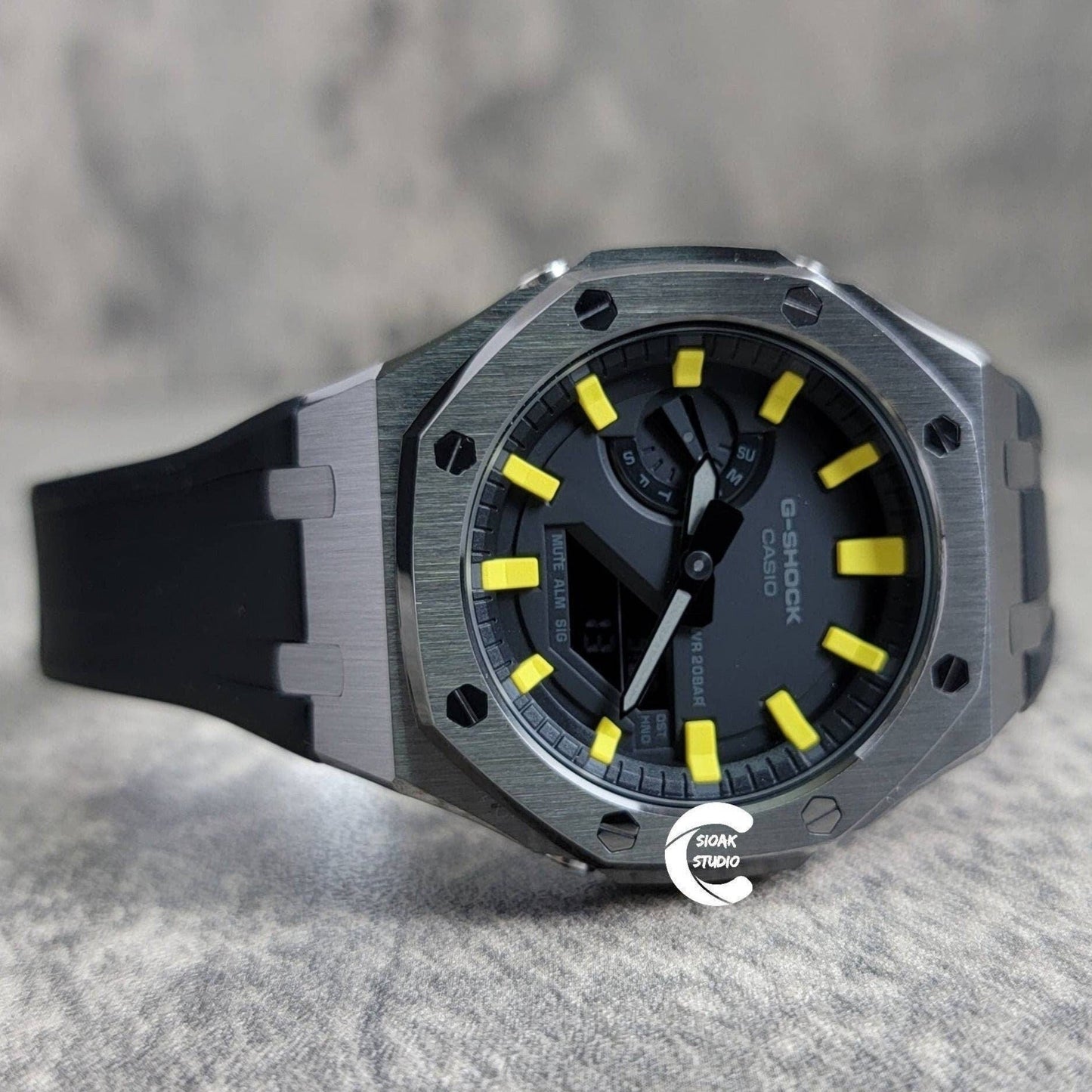 Casioak Mod Watch Gray Case Black Rubber Strap Black Yellow Time Mark Black Dial 44mm- Casioak Mod Casio G-Shock Royal Oak Custom Mens Luxury Watches Ga2100