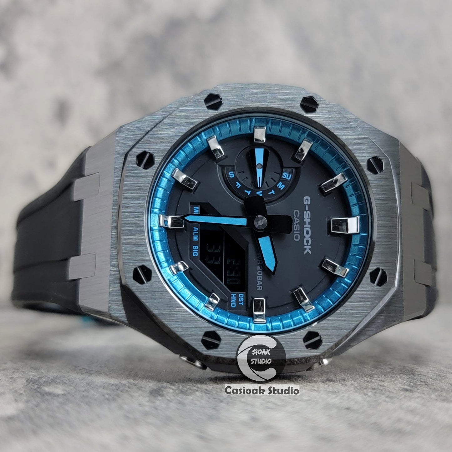 Casioak Mod Watch Gray Case Black Rubber Strap Blue Black Time Mark Black Dial 44mm- Casioak Mod Casio G-Shock Royal Oak Custom Mens Luxury Watches Ga2100