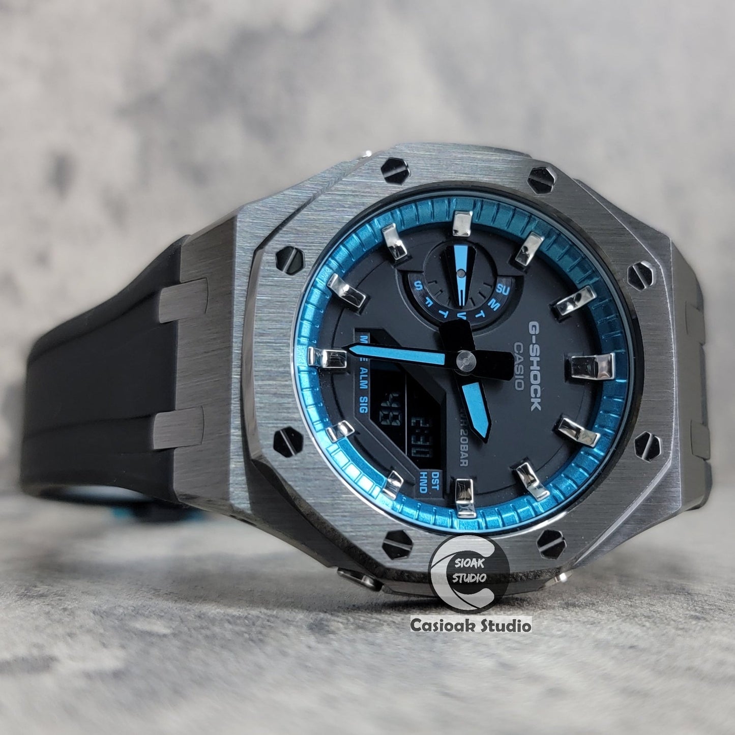 Casioak Mod Watch Gray Case Black Rubber Strap Blue Black Time Mark Black Dial 44mm- Casioak Mod Casio G-Shock Royal Oak Custom Mens Luxury Watches Ga2100