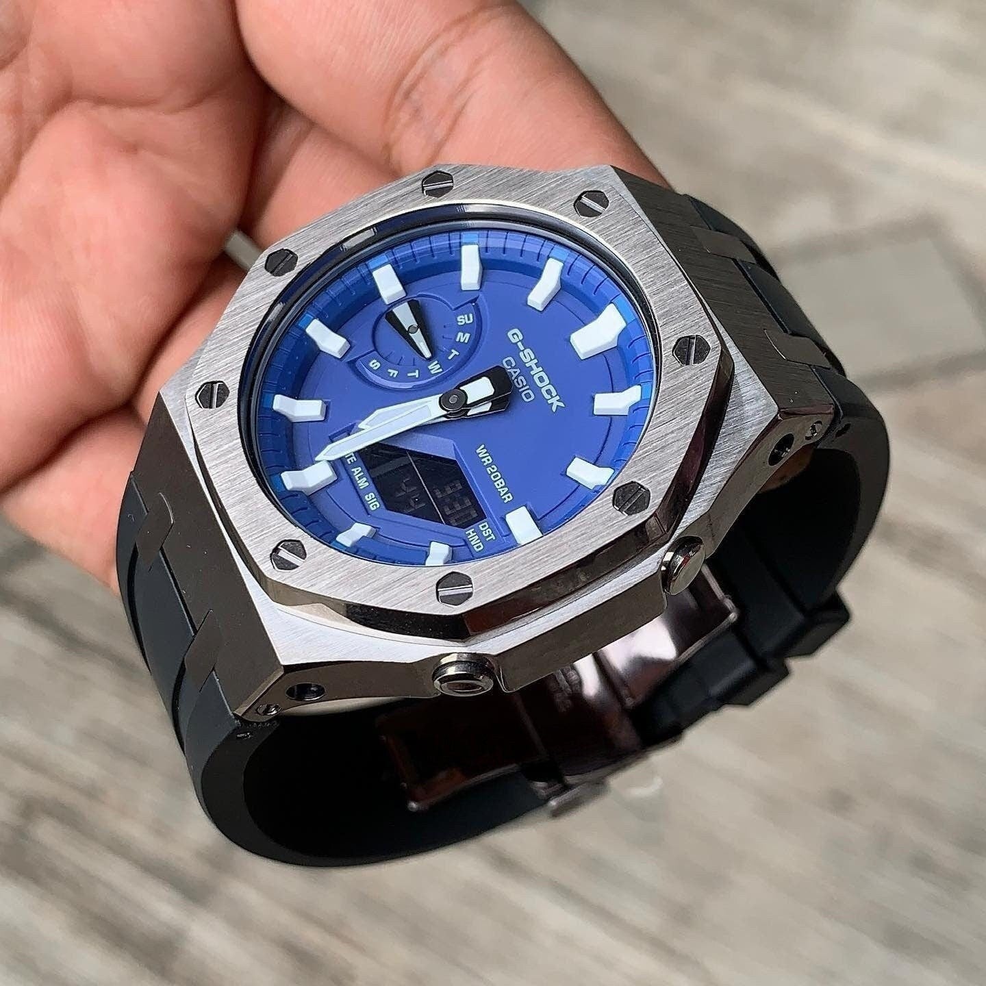 Casioak Mod Watch Gray Case Black Rubber Strap Blue White Time Mark Blue Dial 44mm- Casioak Mod Casio G-Shock Royal Oak Custom Mens Luxury Watches Ga2100