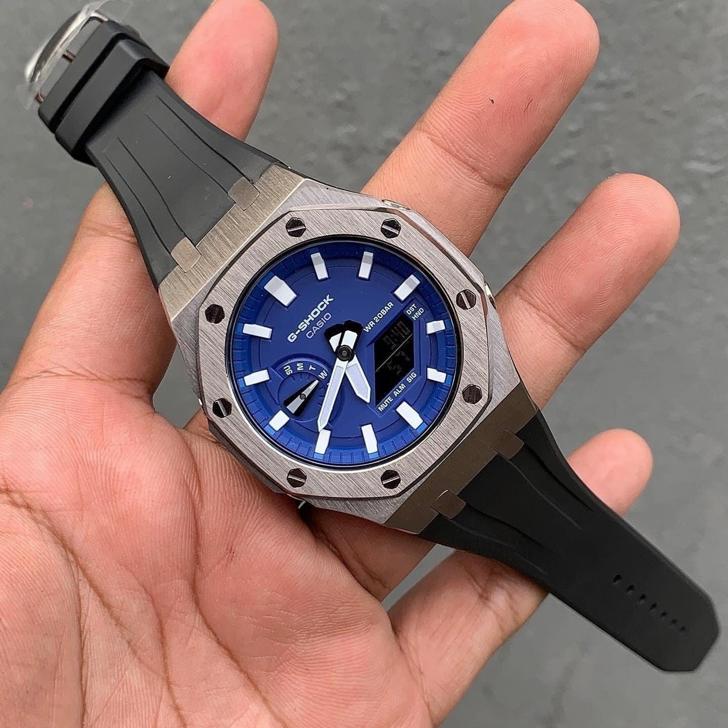 Casioak Mod Watch Gray Case Black Rubber Strap Blue White Time Mark Blue Dial 44mm- Casioak Mod Casio G-Shock Royal Oak Custom Mens Luxury Watches Ga2100