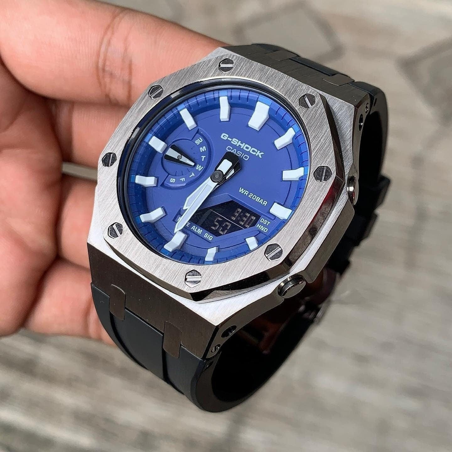 Casioak Mod Watch Gray Case Black Rubber Strap Blue White Time Mark Blue Dial 44mm- Casioak Mod Casio G-Shock Royal Oak Custom Mens Luxury Watches Ga2100