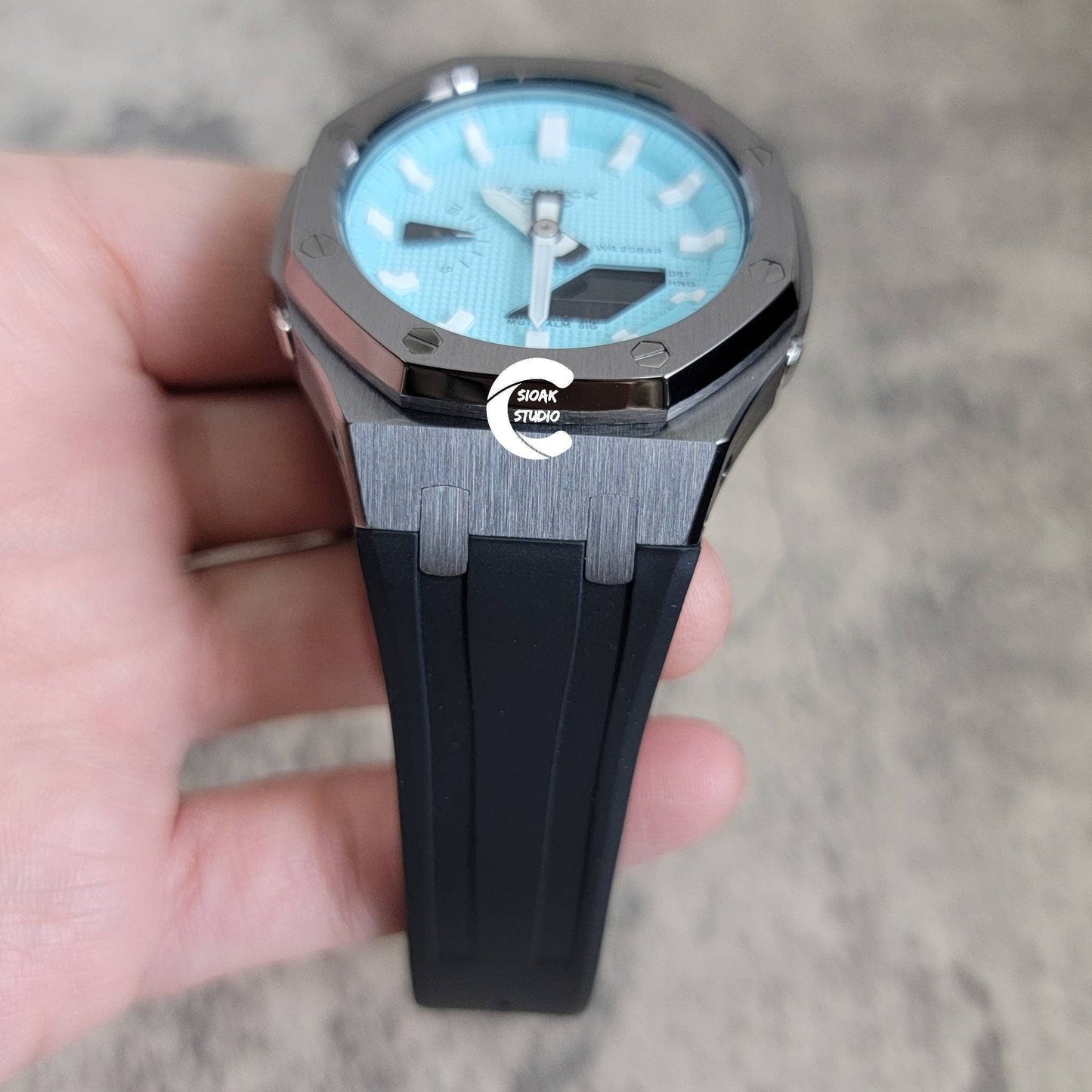 Casioak Mod Watch Gray Case Black Rubber Strap Tiff White Time Mark Tiff Blue Dial 44mm- Casioak Mod Casio G-Shock Royal Oak Custom Mens Luxury Watches Ga2100