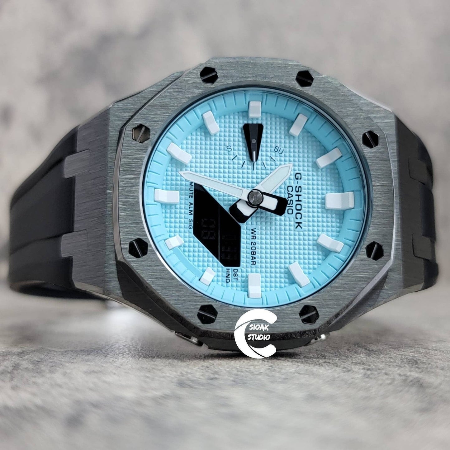 Casioak Mod Watch Gray Case Black Rubber Strap Tiff White Time Mark Tiff Blue Dial 44mm- Casioak Mod Casio G-Shock Royal Oak Custom Mens Luxury Watches Ga2100