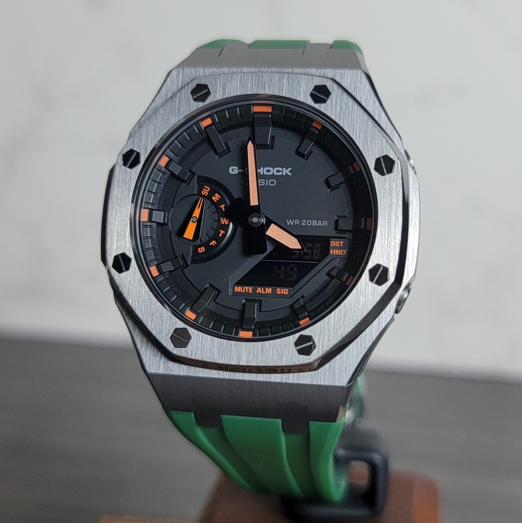 Casioak Mod Watch Gray Case Green Rubber Strap Black Black Time Mark Black Dial Orange 44mm- Casioak Mod Casio G-Shock Royal Oak Custom Mens Luxury Watches Ga2100