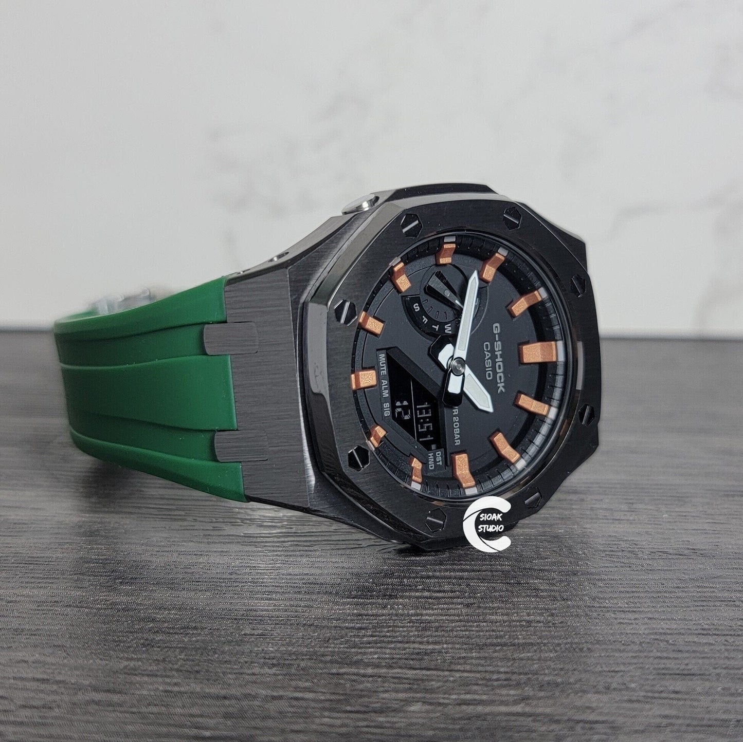 Casioak Mod Watch Gray Case Green Rubber Strap Black Rose Gold Time Mark Black Dial 44mm- Casioak Mod Casio G-Shock Royal Oak Custom Mens Luxury Watches Ga2100