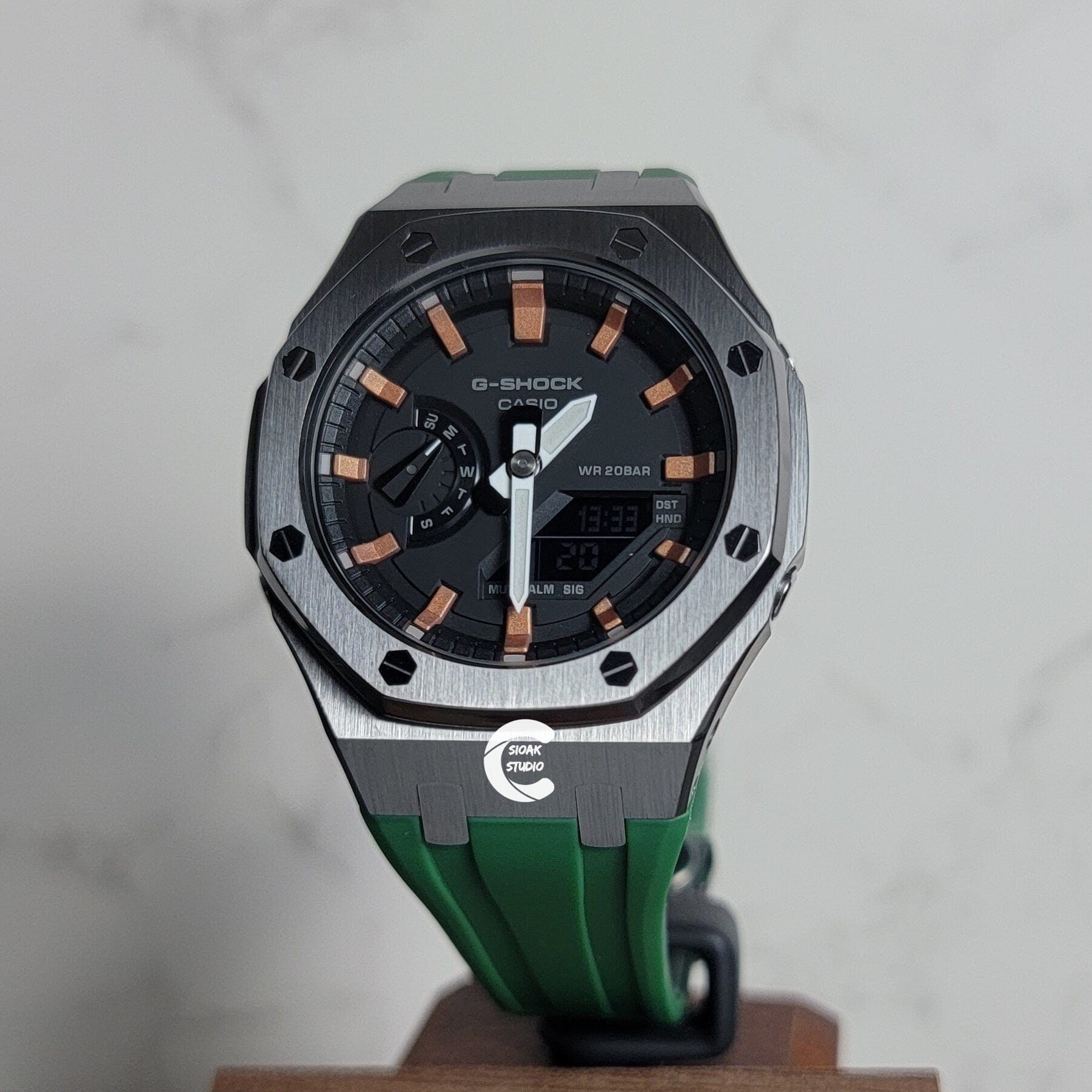 Casioak Mod Watch Gray Case Green Rubber Strap Black Rose Gold Time Mark Black Dial 44mm- Casioak Mod Casio G-Shock Royal Oak Custom Mens Luxury Watches Ga2100