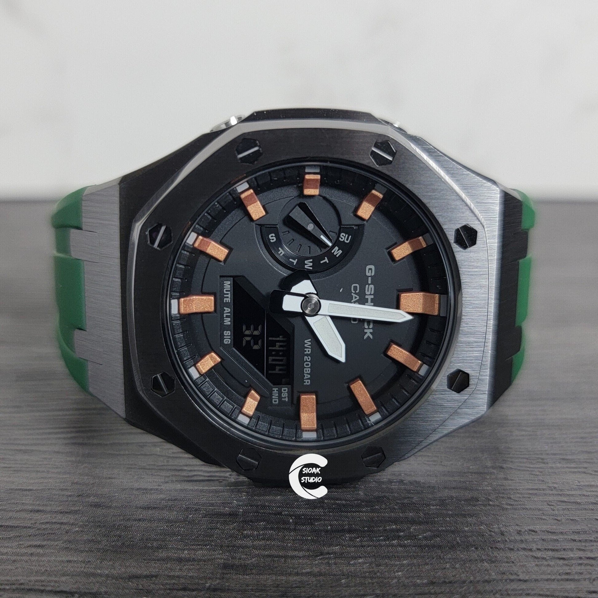 Casioak Mod Watch Gray Case Green Rubber Strap Black Rose Gold Time Mark Black Dial 44mm- Casioak Mod Casio G-Shock Royal Oak Custom Mens Luxury Watches Ga2100