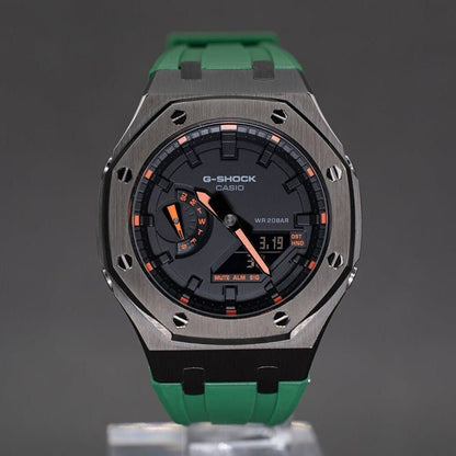 Casioak Mod Watch Gray Case Green Rubber Strap Black Time Mark Black Dial 44mm- Casioak Mod Casio G-Shock Royal Oak Custom Mens Luxury Watches Ga2100